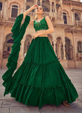 Tiered Chinnon Thread and Mirror Work Lehenga For Women